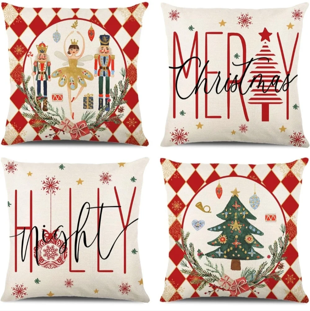 Merry Christmas Joy Xmas Trees Red Throw Pillow Covers, 18 x 18 Inch Christmas W